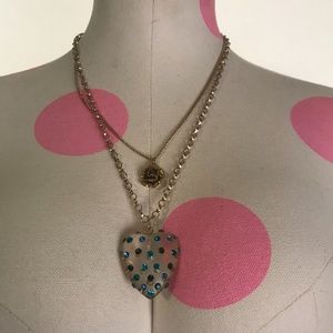 Blue Rhinestone Heart Gold Rose Layered Necklace